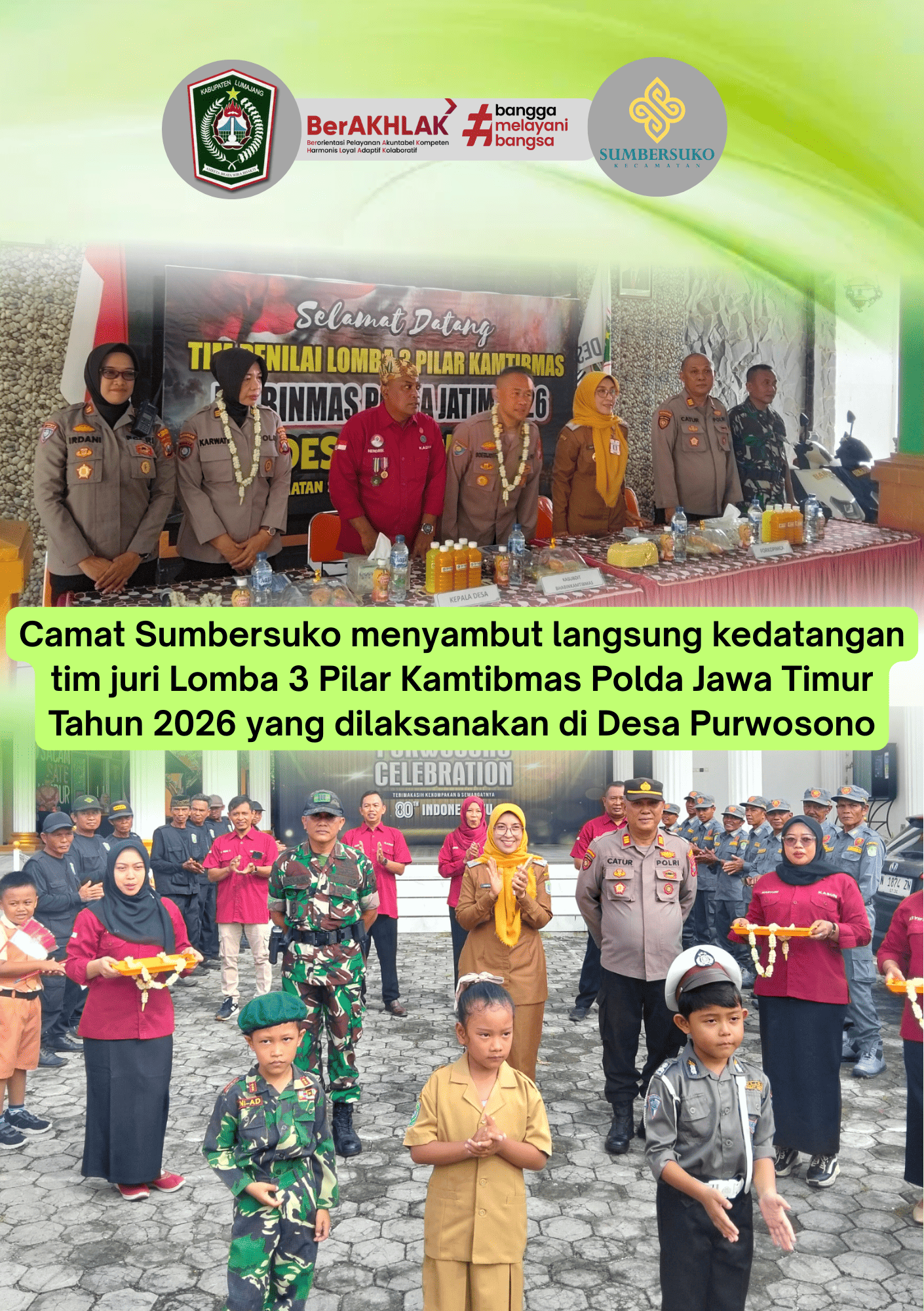Camat Sumbersuko Sambut Tim Juri Lomba 3 Pilar Kamtibmas Polda Jatim 2026 di Desa Purwosono